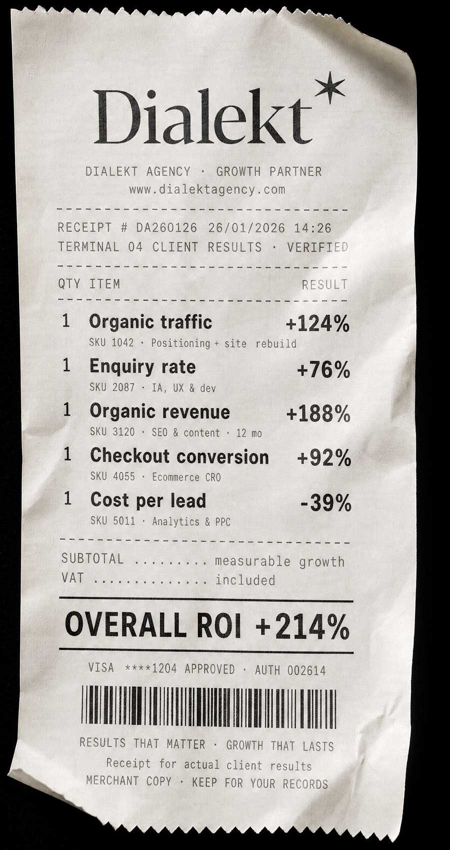 Illustration of a crumpled Dialekt till receipt, headed Growth Partner